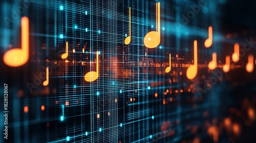 Glowing Orange Music Notes Floating on a Vibrant Blue Digital Grid Representing Sound Data and Futuristic Audio Technology
