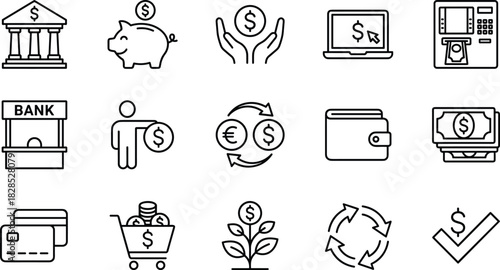 Outline vector icons for banking, money management, currency exchange, investment growth, and financial transactions, illustrating commerce and personal finance.