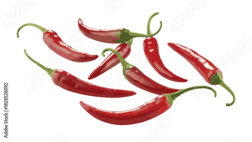 Scattered Red Chili Peppers with Green Stems on White Background spicy cayenne