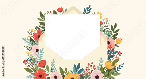 Open envelope with a blank white card, beautifully framed by a vibrant array of blooming flowers and green leaves on a gentle beige background.