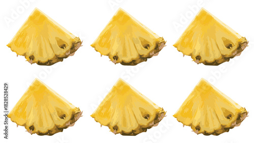 Six Slices of Juicy Yellow Pineapple on a White Background fruit food