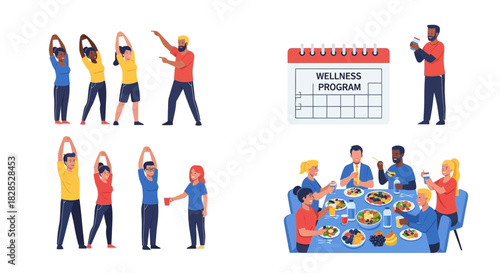 Wellness Program Illustration Featuring Exercise and Healthy Eating.