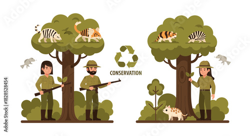 Wildlife Conservationists Protecting Animals in Forest.