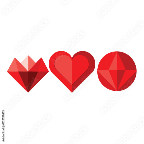 Three Red Geometric Shapes Including A Gem And Two Hearts On White Background jewel diamond