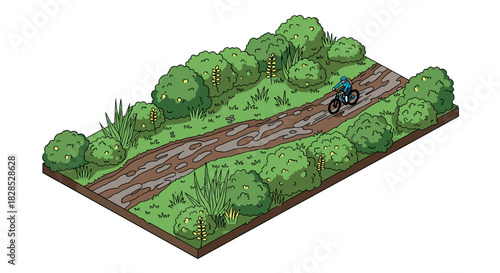 Isometric nature park with bicycle path and lush greenery in urban environment
