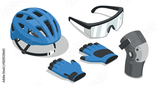 Cycling safety gear: isometric illustration of helmet, gloves, goggles, and knee pads