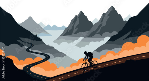 Cyclist riding through scenic mountain landscape in flat design