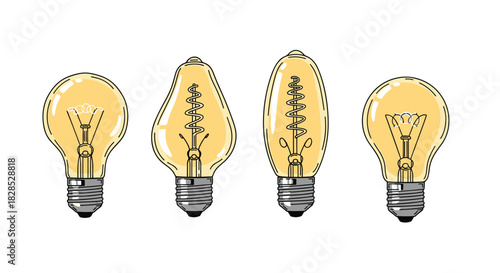 Collection of decorative, glowing filament lightbulbs in various shapes, showcasing their classic designs and warm, inviting light.