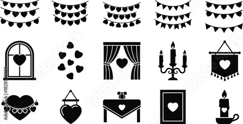 Vector Illustration of Romantic Love and Celebration Icons Set for Valentine's Day, Weddings, and Party Decorations