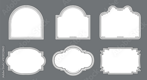 A collection of six blank decorative frames and labels in various vintage-inspired shapes with elegant double-line borders and subtle dotted accents.