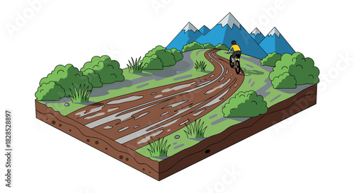 Isometric mountain biking adventure through scenic dirt path with lush greenery and majestic peaks