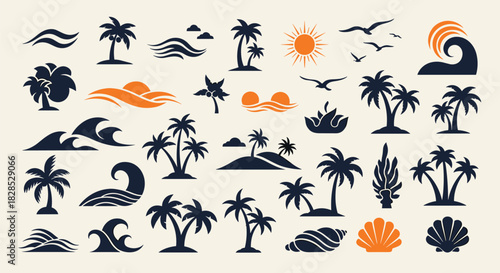 Tropical beach summer icons and silhouettes featuring palm trees, waves, sun, birds, and seashells on a light background.