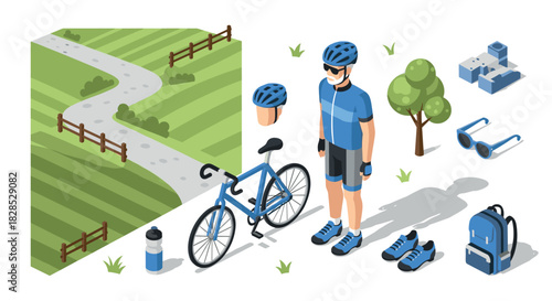 Isometric cycling equipment set with cyclist and scenic pathway elements