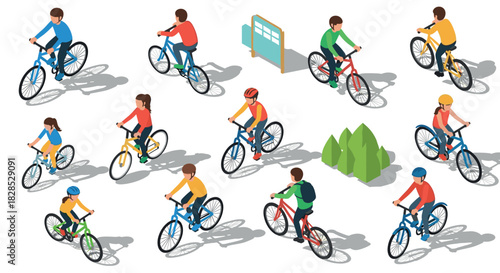 Isometric cyclists: diverse people biking through an outdoor setting with shadows
