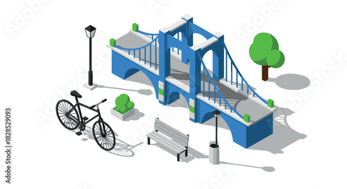 Isometric urban park with blue suspension bridge and bicycle