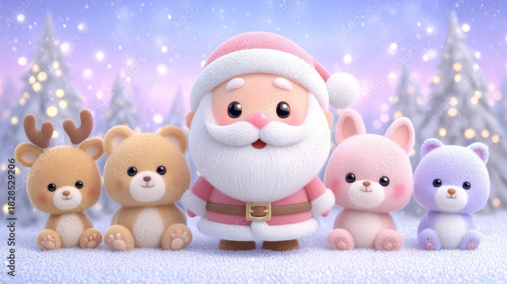 Fototapeta premium Cute Santa Claus and Animal Friends in Snowy Winter Forest with Twinkling Lights