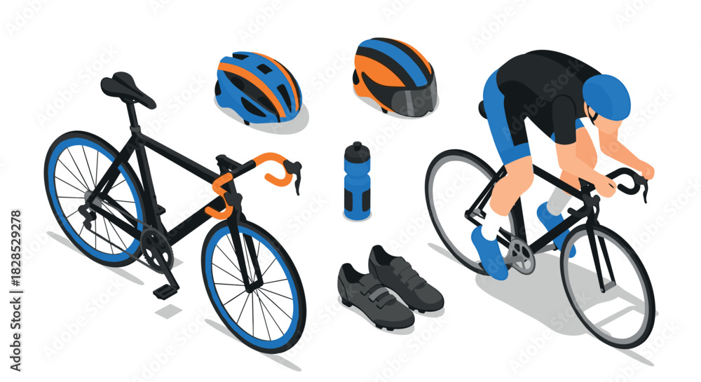 Obraz premium Isometric cyclist equipment set with helmet, bike, and accessories in modern blue and orange