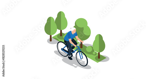 Isometric elderly cyclist riding bike through park with trees