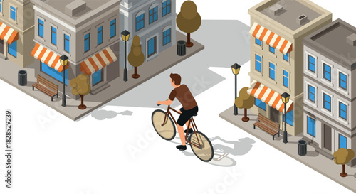 Isometric city scene with cyclist among buildings with striped awnings and trees