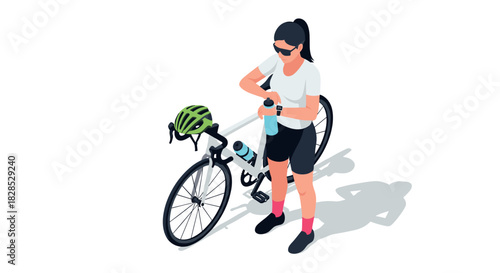 Cyclist preparing for ride with water bottle in isometric style
