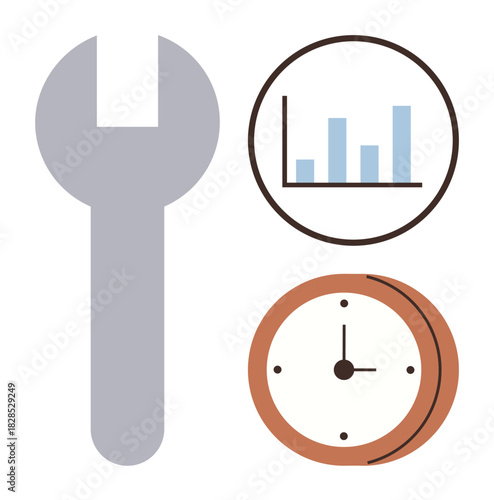 Wrench, graph, clock highlight work, productivity, data analysis. Ideal for business, efficiency, tools, repairs time tracking resource allocation simple flat metaphor
