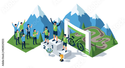 Isometric cycling race celebration with winners, fans, and mountain background