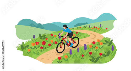 Cyclist enjoying scenic ride through vibrant flower fields on a sunny day