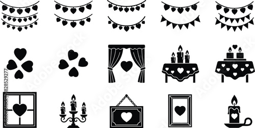 Vector Illustration of Romantic Love and Celebration Icons Set. Hearts, Bunting, Candles, and Wedding Elements for Design.
