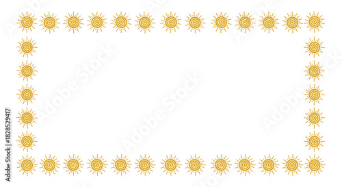 A vibrant border composed of whimsical yellow suns, each with a distinctive spiral center and radiating rays, creating a cheerful rectangular frame on white.