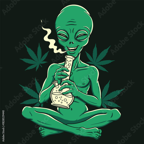 Green Alien Sitting Cross-Legged Smoking Bong with Cannabis Leaves Vector