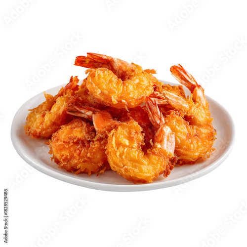 Delicious crispy fried shrimp appetizer in white bowl isolated. Golden breaded seafood tempura or coconut prawns on plate. Tasty snack concept.