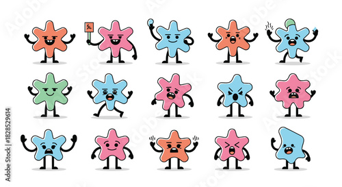 A collection of cute, colorful, and diverse cartoon star characters showcasing a wide range of human emotions and expressions.