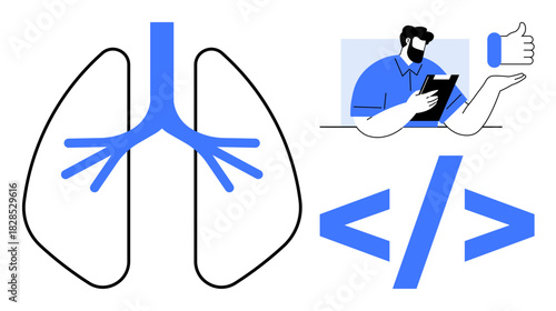 Lungs with branching bronchial tubes, coding brackets, and a professional reviewing notes on a tablet. Ideal for healthcare, technology, coding, communication, analysis medicine teamwork. Simple