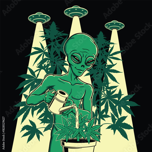 Green Alien Gardener Watering Cannabis Plant with UFO Lights Background Vector