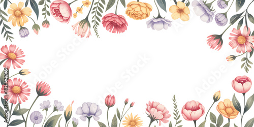 Flower Blooms Frame Mixed With Watercolor Soft Color Spring Delicate Palette