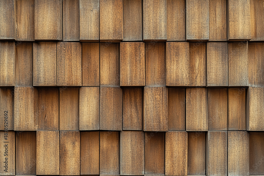 Fototapeta premium Textured wood wall design great for interiors. Geometric blocks create depth, modern look. Highlight wooden wall enhancing modern design. Embrace wood wall, create depth. It is wooden wall.