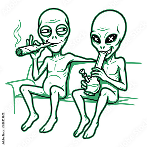 Two Aliens Sitting on Couch Smoking Joint and Bong Green Line Art Vector