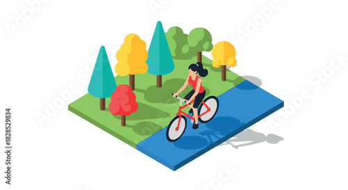 Isometric park scene with woman biking amid colorful trees and river