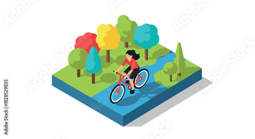 Isometric park scene with woman cycling on path surrounded by colorful trees