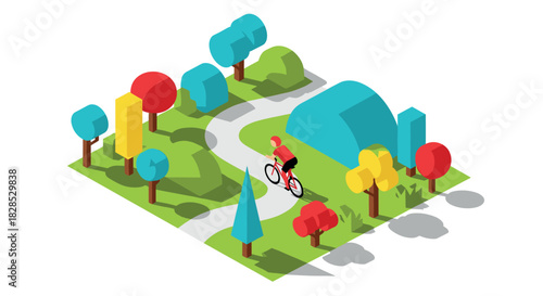 Colorful isometric park scene with cyclist on pathway among geometric trees