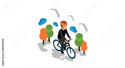 Isometric urban cycling scene with colorful trees and rider