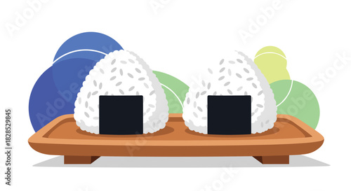 Two triangular Japanese onigiri rice balls with nori seaweed served on a wooden tray with an abstract, colorful background.