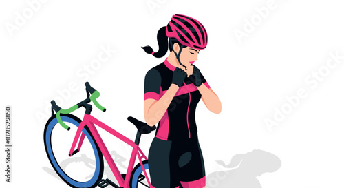 Cyclist adjusting helmet beside bicycle in pink and black sportswear