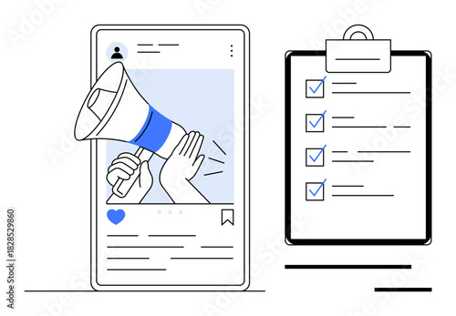 Smartphone screen showing hand holding a megaphone and clipboard with checklist. Ideal for communication, digital marketing, productivity, task management, planning, engagement, teamwork. Simple flat