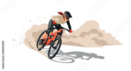 Dynamic mountain biking adventure with cyclist in motion through dusty terrain