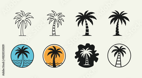 A collection of various palm tree illustrations, showcasing different styles from simple outlines to detailed silhouettes and emblems for tropical themes.