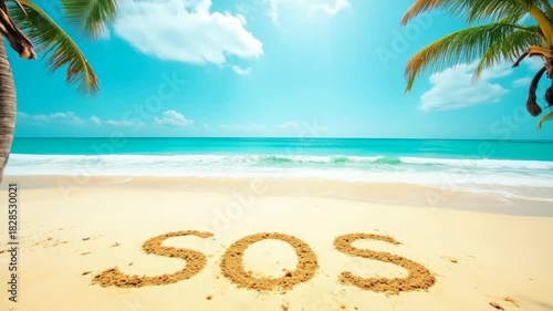 tropical beach with water and palm trees. 