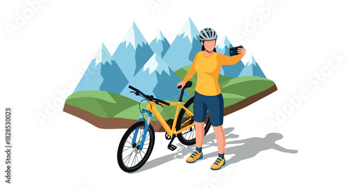 Cyclist taking selfie in mountain landscape with bicycle and helmet