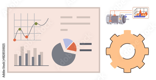 Data charts and graphs with pie chart, line graph, and bar graph, electric motor, gear, and performance dashboard. Ideal for engineering, analytics, performance metrics efficiency optimization
