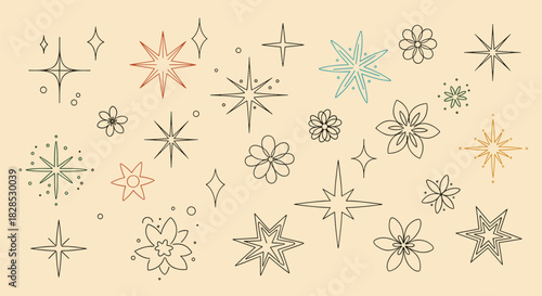 Mid-century modern style hand-drawn illustrations featuring a collection of abstract stars and whimsical flowers on a cream background.